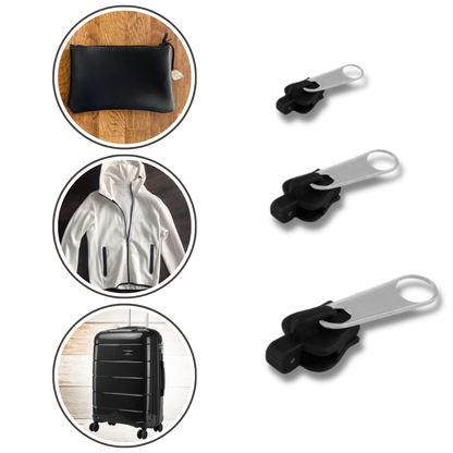 Belro clip-on slider for men's clothing zipper replacement, shown attached to a jacket zipper in a close-up image.