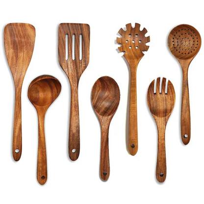 Natural teak wood kitchen set by Belro, includes utensils and cutting boards, ideal for home and dining use.