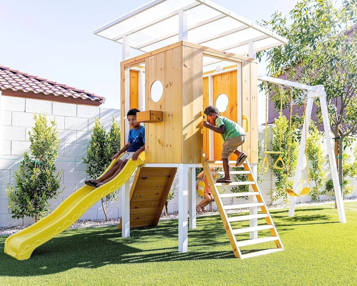 Casavibeo Avenlur Forest modern outdoor backyard swing set with wooden frame and comfortable seat for kids and adults