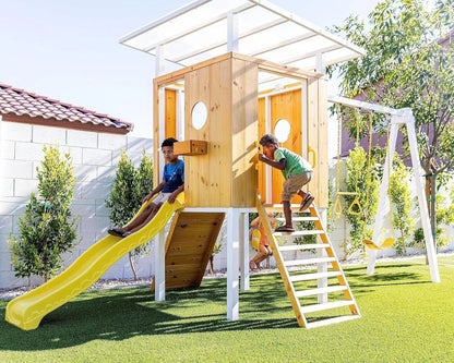Casavibeo Avenlur Forest modern outdoor backyard swing set with wooden frame and comfortable seat for kids and adults