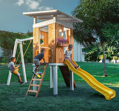 Casavibeo Avenlur Forest modern backyard outdoor swing set with wooden frame and two swings in a lush garden setting