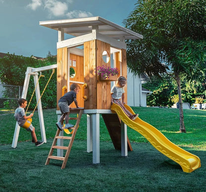 Casavibeo Avenlur Forest modern backyard outdoor swing set with two seats and sturdy frame, ideal for outdoor family fun.