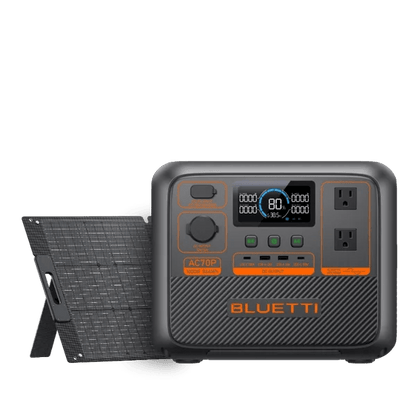 BLUETTI AC70P portable power station by Casavibeo showing multiple AC and USB ports on a sleek black unit with display screen