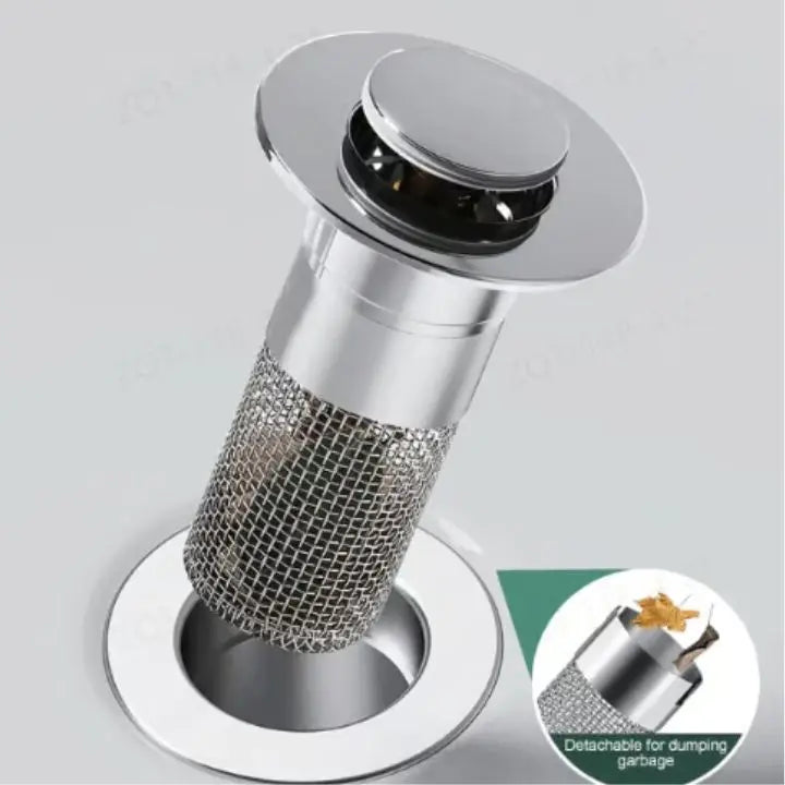Stainless steel drain strainer with pop-up function from Mivoza, designed for bathroom sink blockage prevention and easy installation.