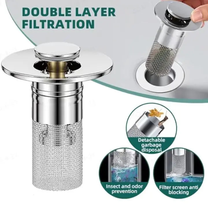 Stainless steel drain strainer with pop-up function by Mivoza, designed to prevent blockages in bathroom sinks and showers.