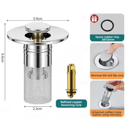 Mivoza stainless steel drain strainer with pop-up function for sink blockage prevention, easy to install in bathroom or kitchen.
