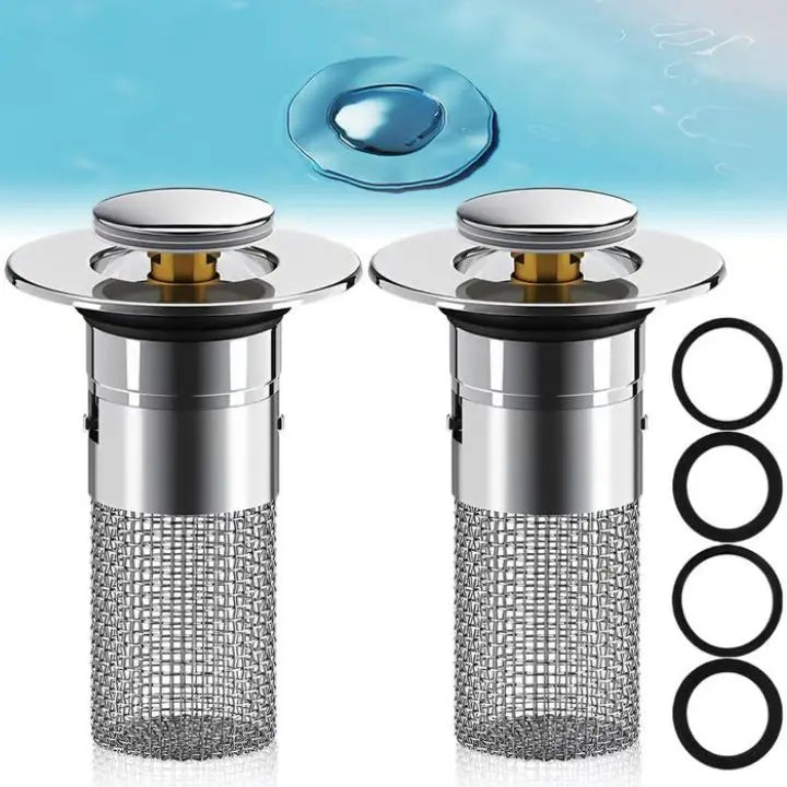 Stainless steel drain strainer with pop-up function by Mivoza, designed to prevent blockages in bathroom sinks and showers.