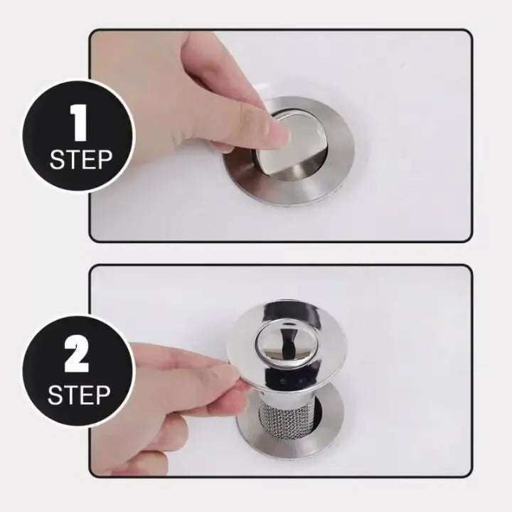 Stainless steel drain strainer with pop-up function by Mivoza, designed to prevent blockages in bathroom sinks.