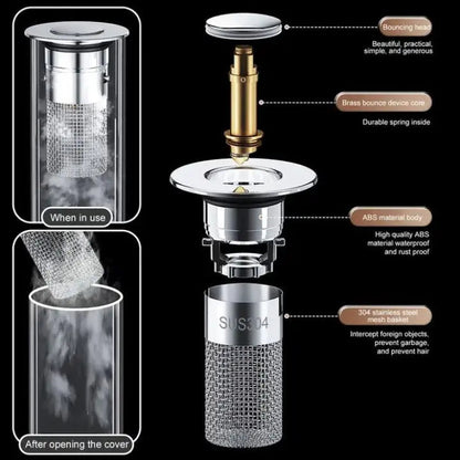 Mivoza stainless steel drain strainer with pop-up function for sink blockage prevention in bathroom or kitchen.