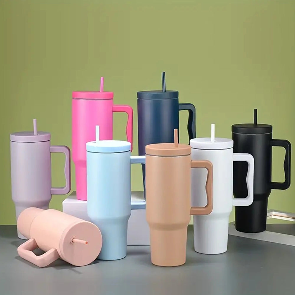 Belro stainless steel insulated water bottle with straw and handle, designed for hot and cold drinks, in a sleek modern style.
