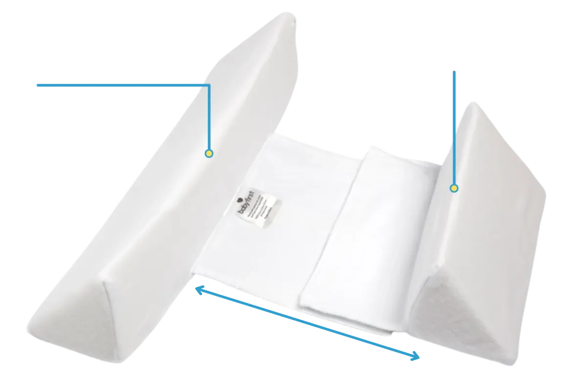 Belro Baby Anti-Roll Wedge Pillow shown in a nursery setting, designed to provide support and comfort for infants during sleep.