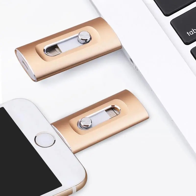 Mivoza 3-in-1 USB flash drive for iPhone, Android, and PC, showing compact design and quick data transfer capabilities.