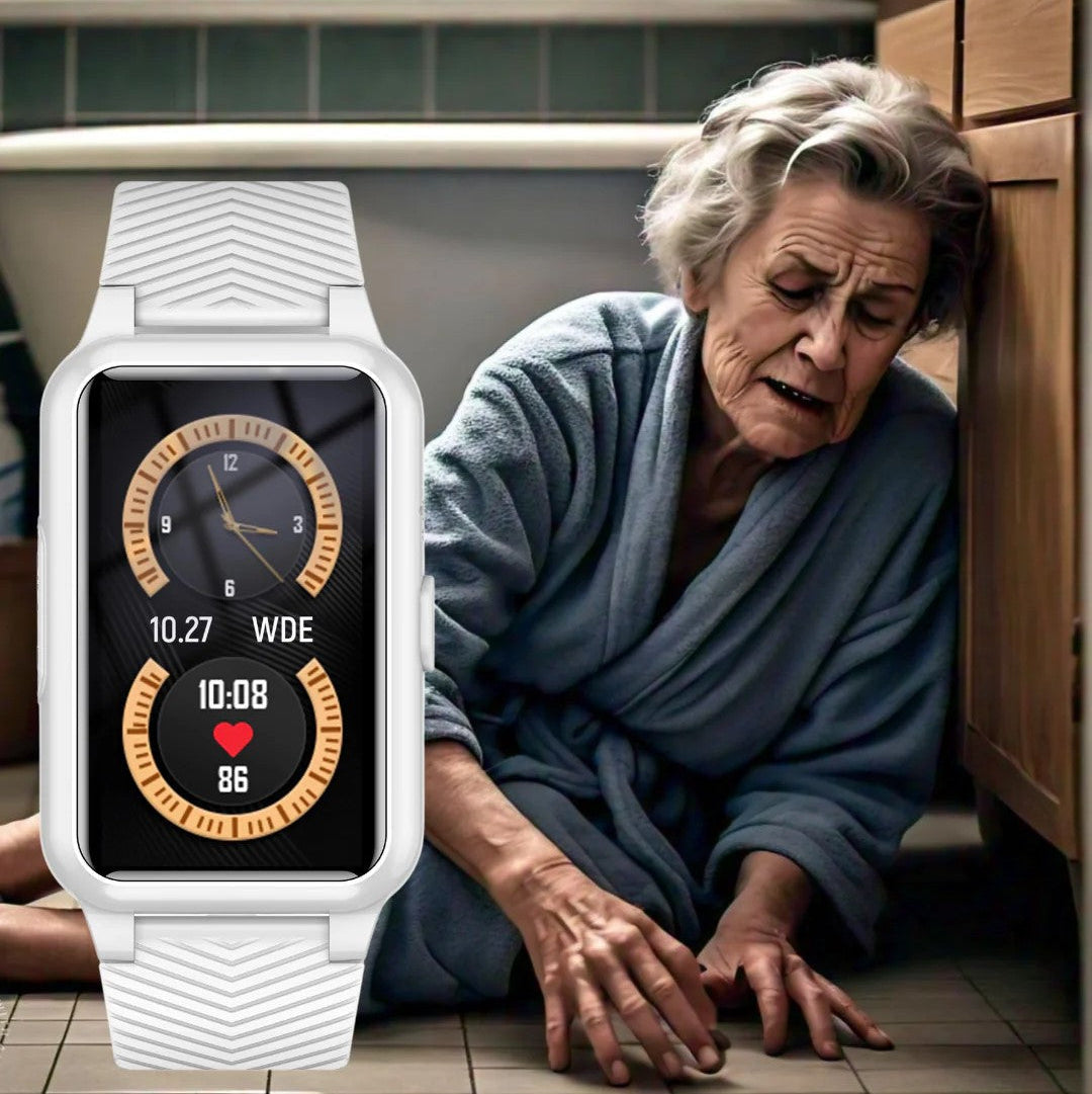 Mivoza senior smartwatch with fall detection, SOS call, 4G GPS, and IP67 waterproof rating, shown on a patient's wrist.
