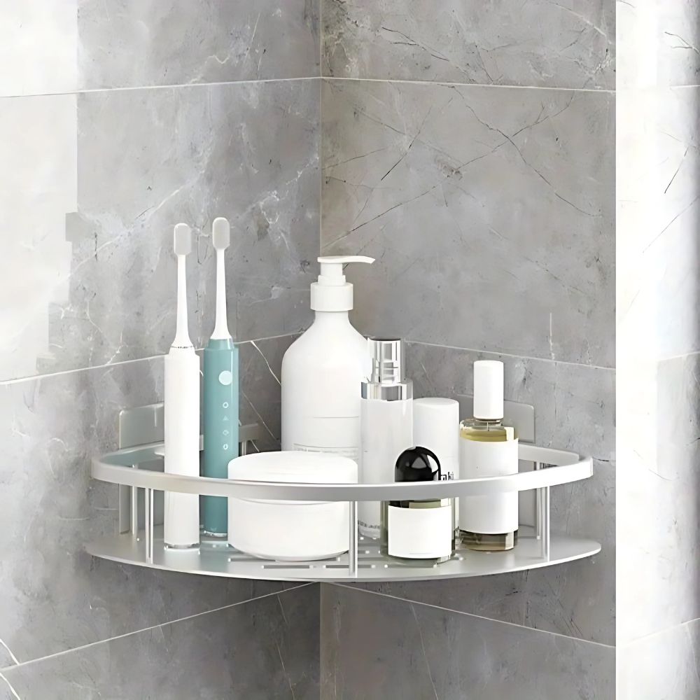 Mivoza corner shower shelf made of aluminum with self-adhesive wall mount for bathroom storage, curved design for elegance and organization.