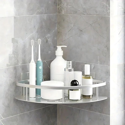 Mivoza corner shower shelf made of aluminum with self-adhesive wall mount for bathroom storage, curved design for elegance and organization.