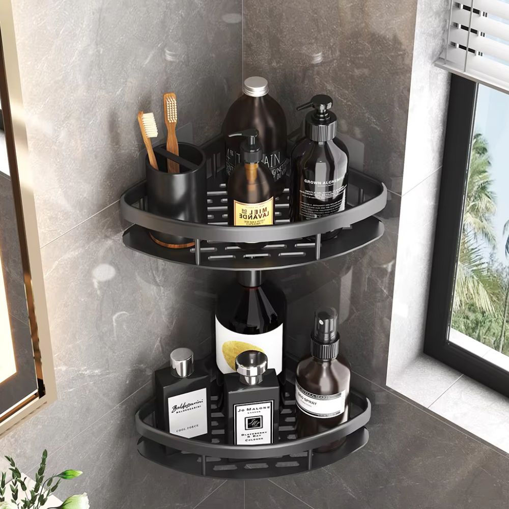 Mivoza corner shower shelf made of aluminum with self-adhesive wall mount, designed for bathroom storage and organization.