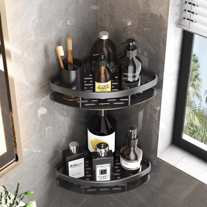 Mivoza corner shower shelf made of aluminum with self-adhesive wall mount, designed for bathroom storage and organization.