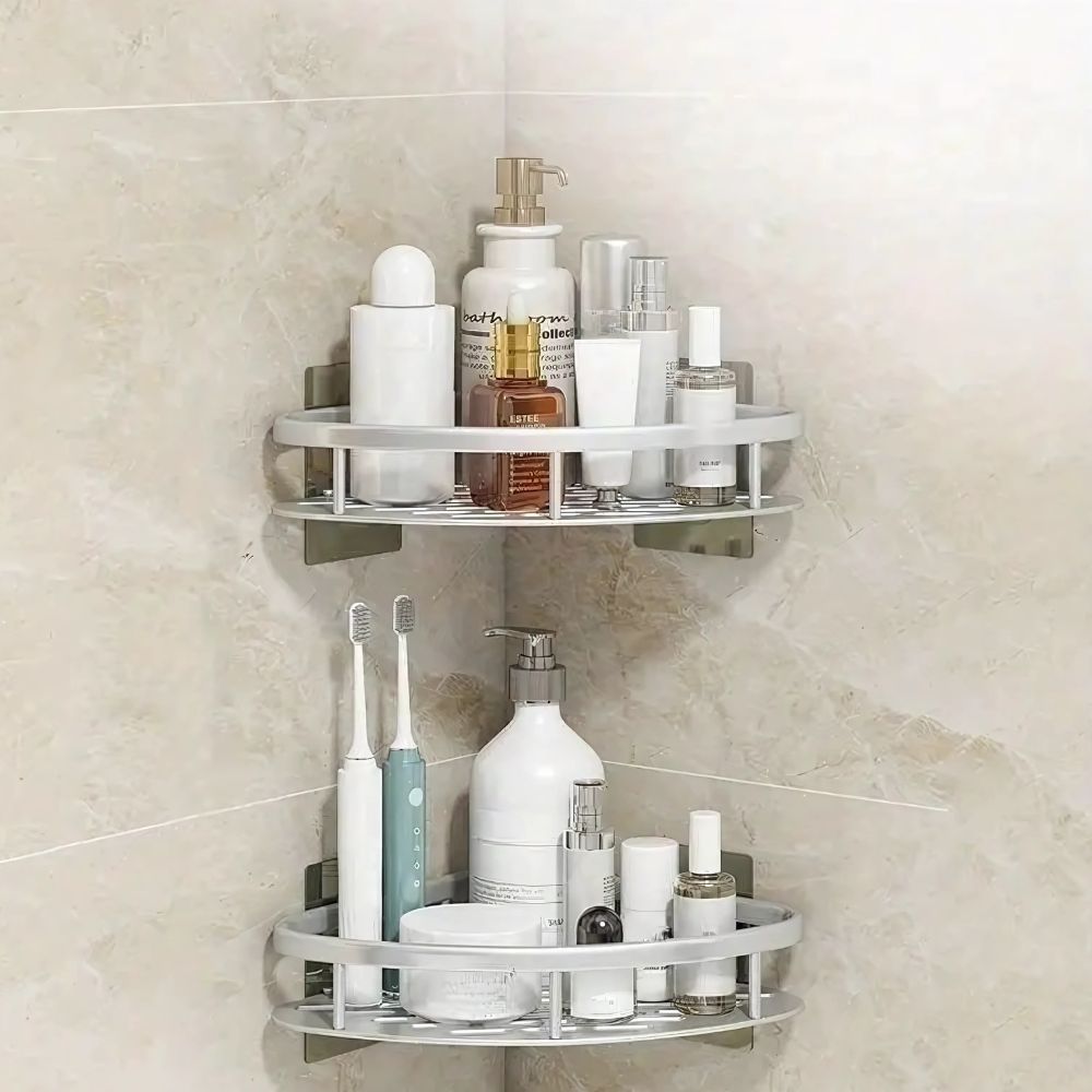 Mivoza corner shower shelf made of aluminium with self-adhesive wall mount for bathroom storage and organization