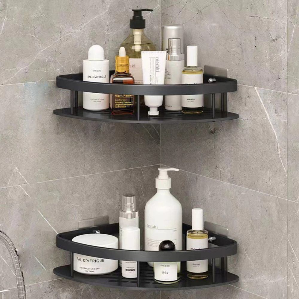 Mivoza corner shower shelf made of aluminum with self-adhesive wall mount, ideal for bathroom storage and organization.