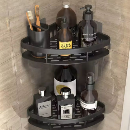 Mivoza corner shower shelf made of aluminum with a sleek curve, mounted on bathroom wall without drilling for organized storage.