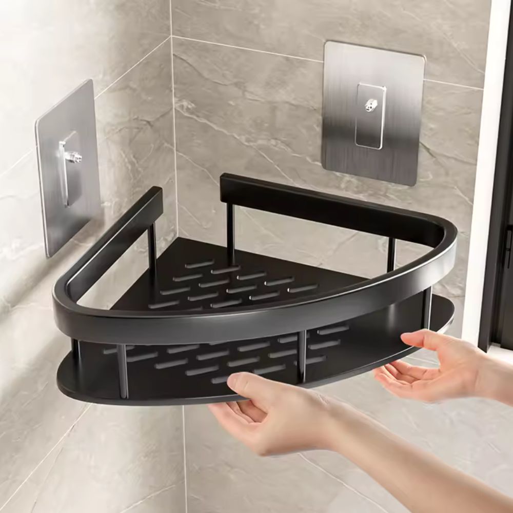 Mivoza corner shower shelf made of aluminium with self-adhesive wall mount, designed for bathroom storage and organization.