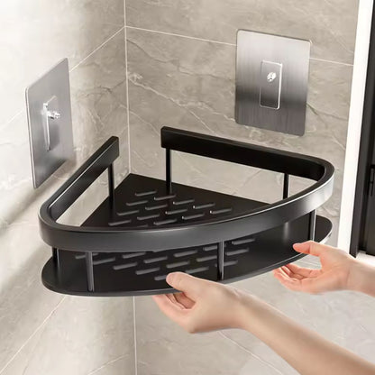 Mivoza corner shower shelf made of aluminium with self-adhesive wall mount, designed for bathroom storage and organization.