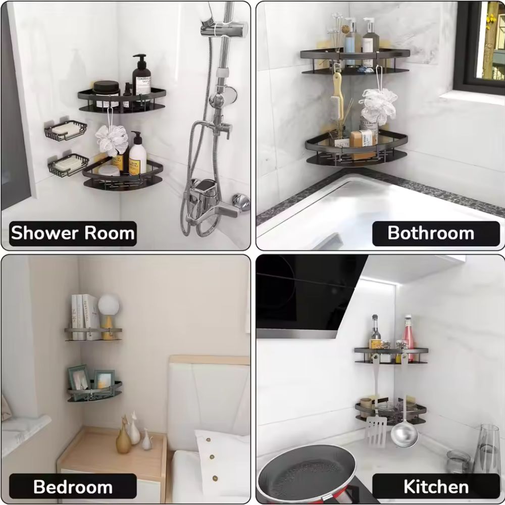 Corner shower shelf by Mivoza, drill-free aluminum wall mount with a sleek curved design for bathroom storage.