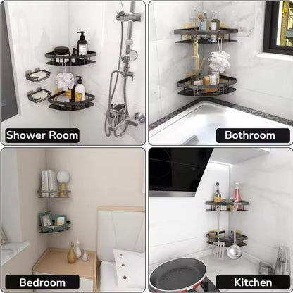 Corner shower shelf by Mivoza, drill-free aluminum wall mount with a sleek curved design for bathroom storage.