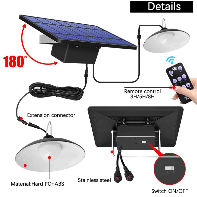 Belro solar shed lights with double pendant design, warm white outdoor and indoor solar lamps on a line.