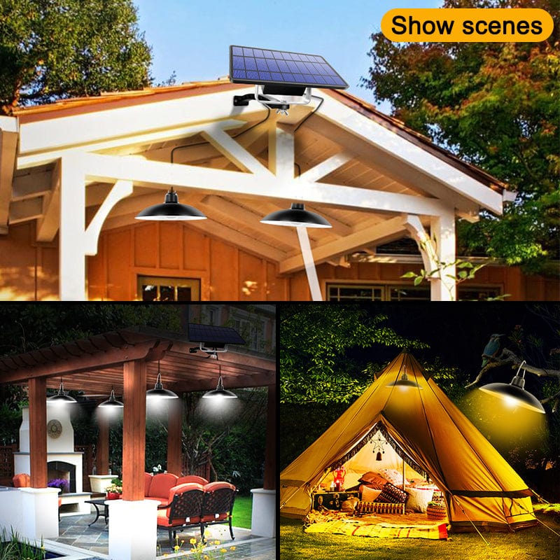 Belro solar shed lights with double-head outdoor pendant design, warm white LED lighting for indoor and outdoor use