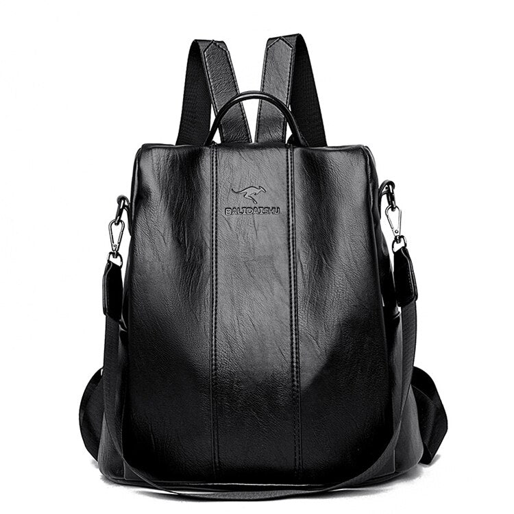 Black leather theft-proof backpack for women by BowLift, vintage style anti-theft travel bag with secure compartments.