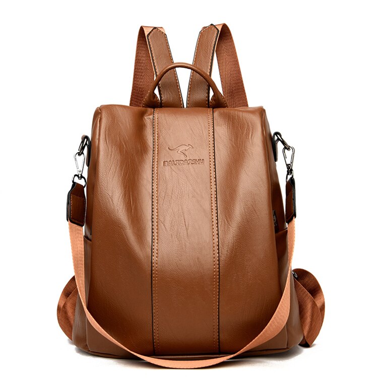 Brown vintage leather backpack for women, BowLift theft-proof travel bag with secure zippers and sleek design.