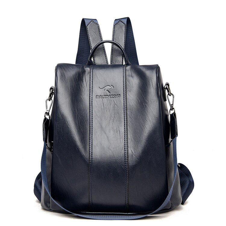 Navy blue vintage leather backpack for women with anti-theft features by BowLift, stylish travel bag with secure compartments.