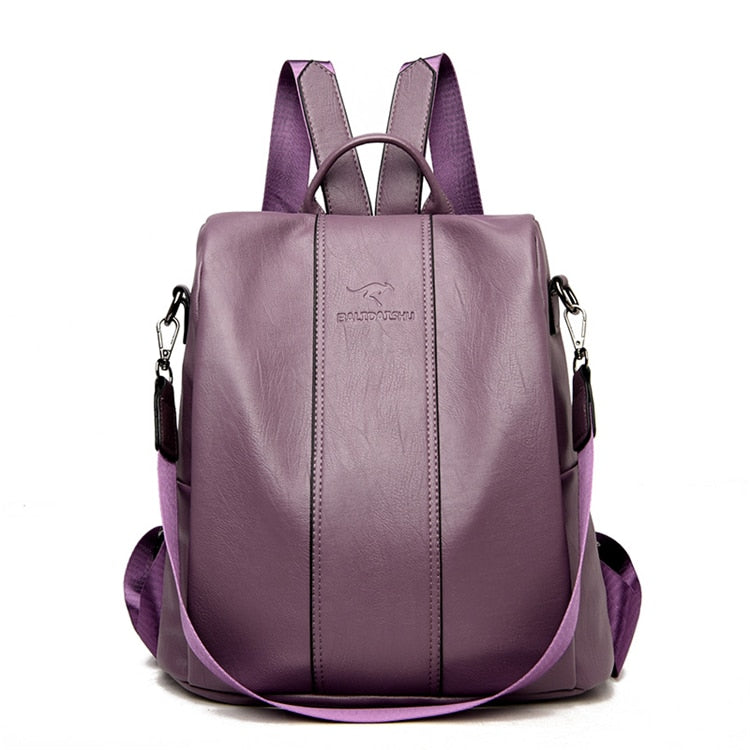 Purple leather anti-theft backpack for women by BowLift, vintage style travel bag with secure, theft-proof design.