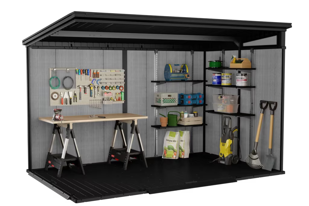 Green Keter Cortina 9x7 ft. outdoor storage shed with heavy-duty floor, featuring artisan Evotech design and durable construction.
