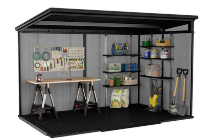 Green Keter Cortina 9x7 ft. outdoor storage shed with heavy-duty floor, featuring artisan Evotech design and durable construction.