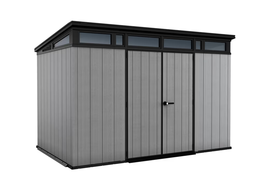 Grey Keter Cortina 9x7 ft outdoor storage shed with double doors and heavy-duty floor, featuring artisan Evotech design.
