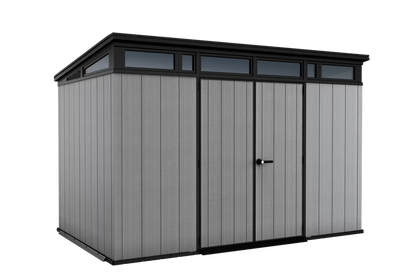Grey Keter Cortina 9x7 ft outdoor storage shed with double doors and heavy-duty floor, featuring artisan Evotech design.