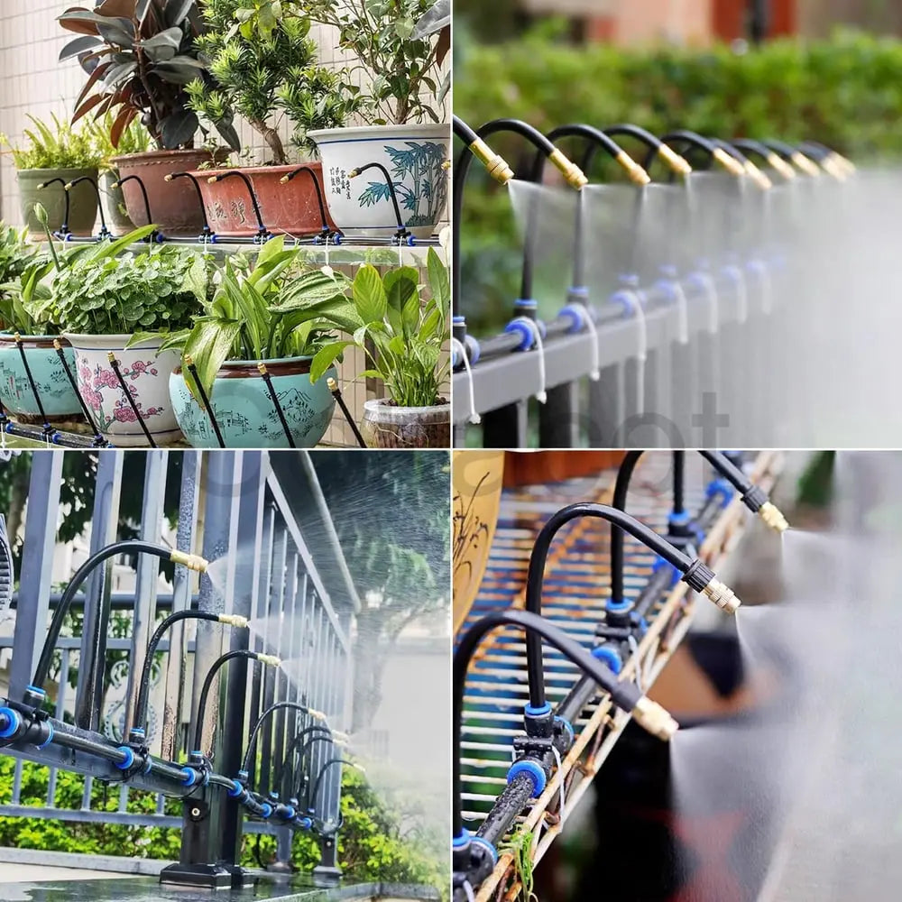 Mivoza outdoor garden irrigation system with 360° spray nozzles, automatic, no power needed, includes 5m hose for watering gardens.