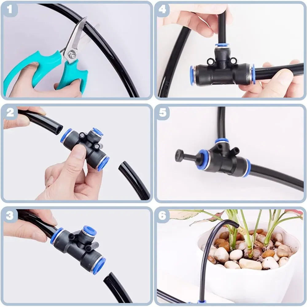 Mivoza outdoor garden irrigation system with 360° adjustable spray nozzles, automatic, no power needed, includes 10m hose.