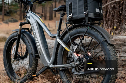 Casavibeo Aventon Aventure.2 electric bike in black with sleek frame and fat tires, parked outdoors on a city street.