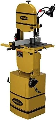 Casavibeo Powermatic 14-inch woodworking bandsaw with 1-1/2 HP motor, showing the saw's blade and sturdy frame.