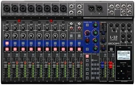 Casavibeo Zoom L-12 powered channel mixer with multiple input channels and control knobs, ideal for live sound and recording setups.