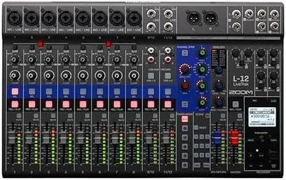 Casavibeo Zoom L-12 powered channel mixer with multiple input channels and control knobs, ideal for live sound and recording setups.