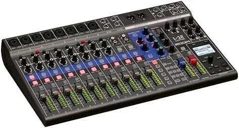 Casavibeo Zoom L-12 channel mixer with powered audio inputs and controls, shown with multiple input channels and professional interface