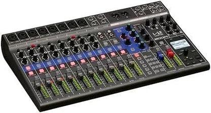 Casavibeo Zoom L-12 channel mixer with powered audio inputs and controls, shown with multiple input channels and professional interface