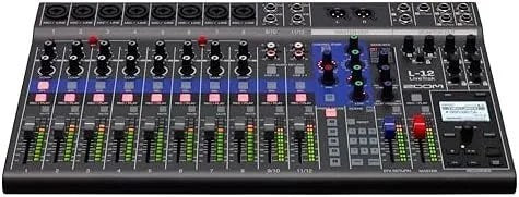 Casavibeo Zoom L-12 channel mixer with powered speakers, featuring multiple input channels and professional audio controls.