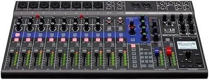 Casavibeo Zoom L-12 channel mixer with powered speakers, featuring multiple input channels and professional audio controls.