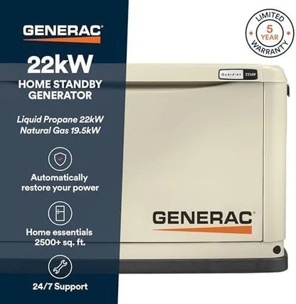 Casavibeo Generac Guardian 22kW home standby generator with aluminum enclosure, WiFi, G-Force engine, and 200 Amp transfer switch.