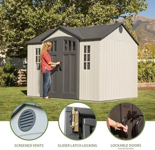 Casavibeo Lifetime 10x8 ft. outdoor storage shed with double doors, durable construction, and window panels for garden storage.